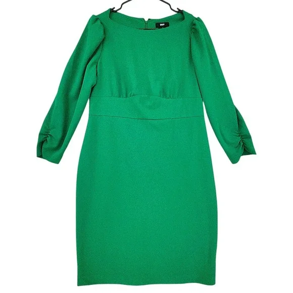 DKNY Sheath Dress 12 Women Green Ruched Sleeve Empire Waist Business Office - Picture 1 of 12